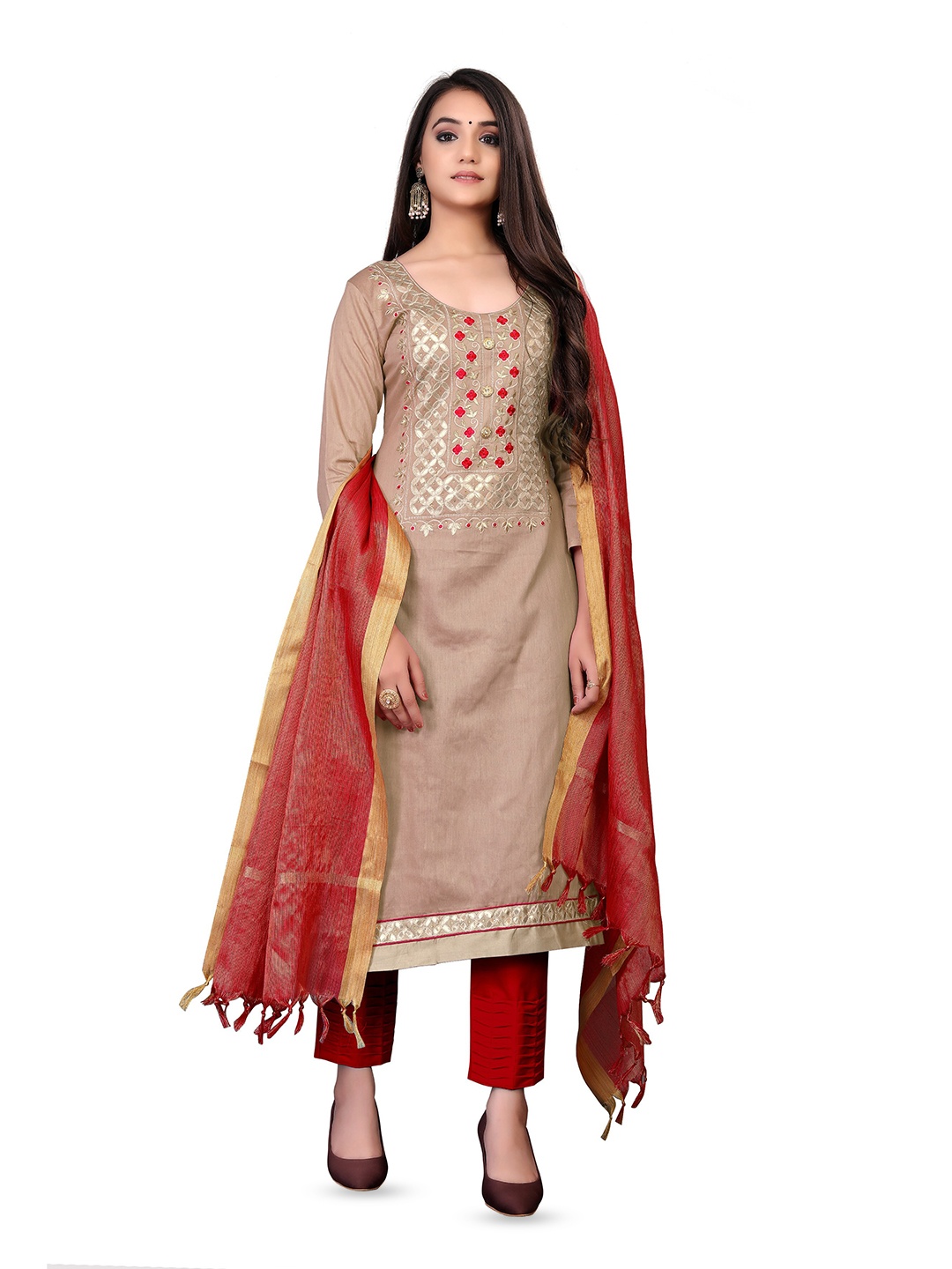 

MANVAA Embellished Unstitched Dress Material, Beige