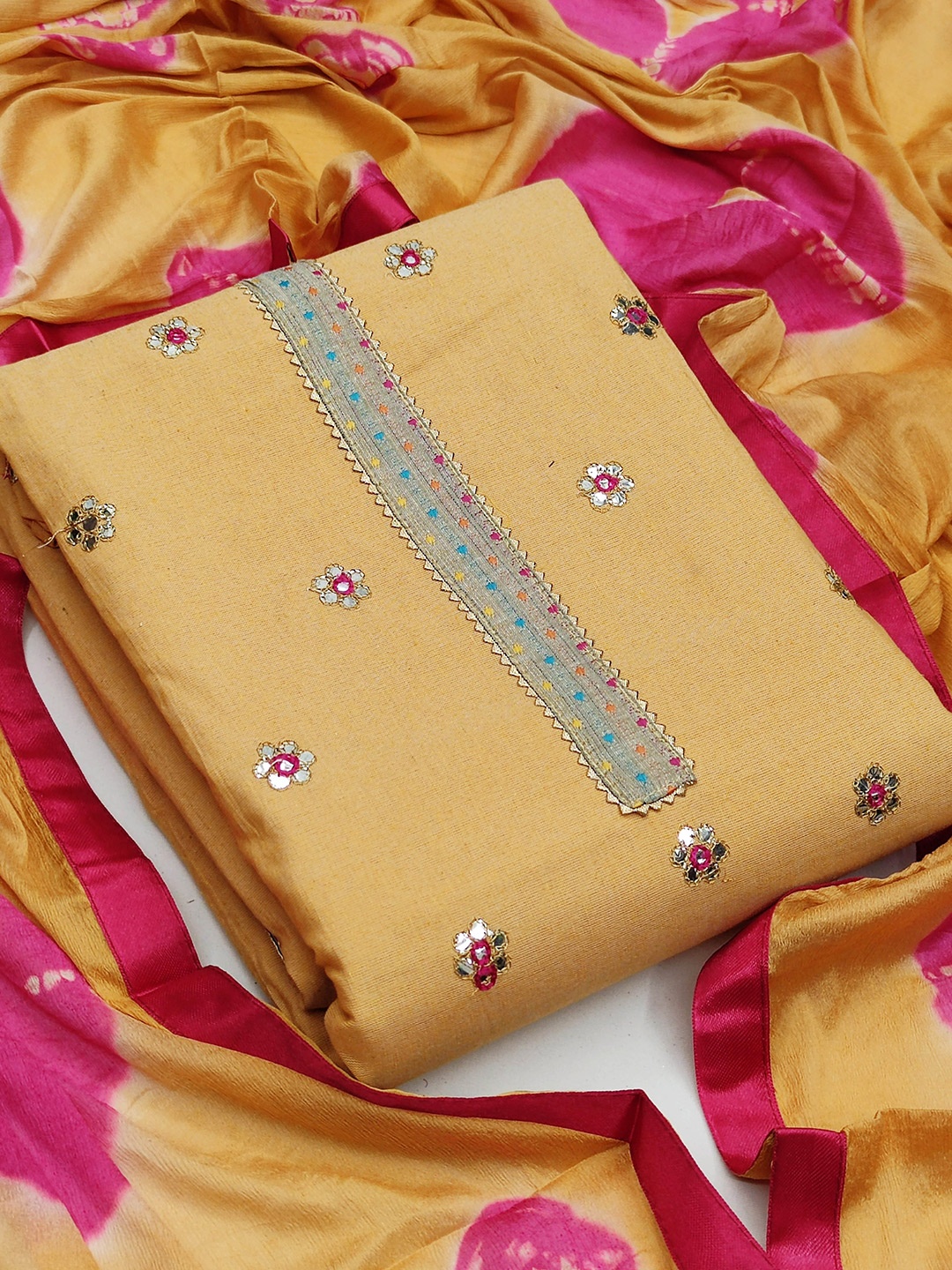

MANVAA Embellished Pure Cotton Unstitched Dress Material, Yellow