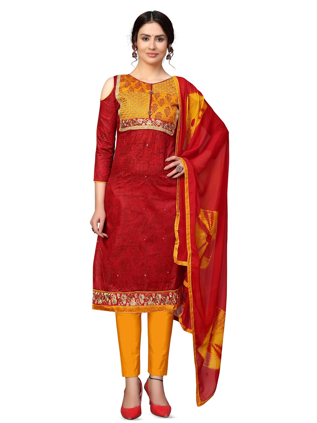 

MANVAA Ethnic Motifs Printed Unstitched Dress Material, Red