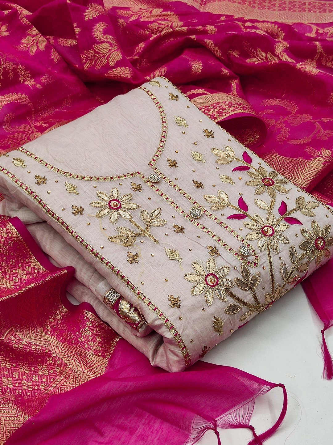 

MANVAA Embellished Gotta Patti Unstitched Dress Material, Beige