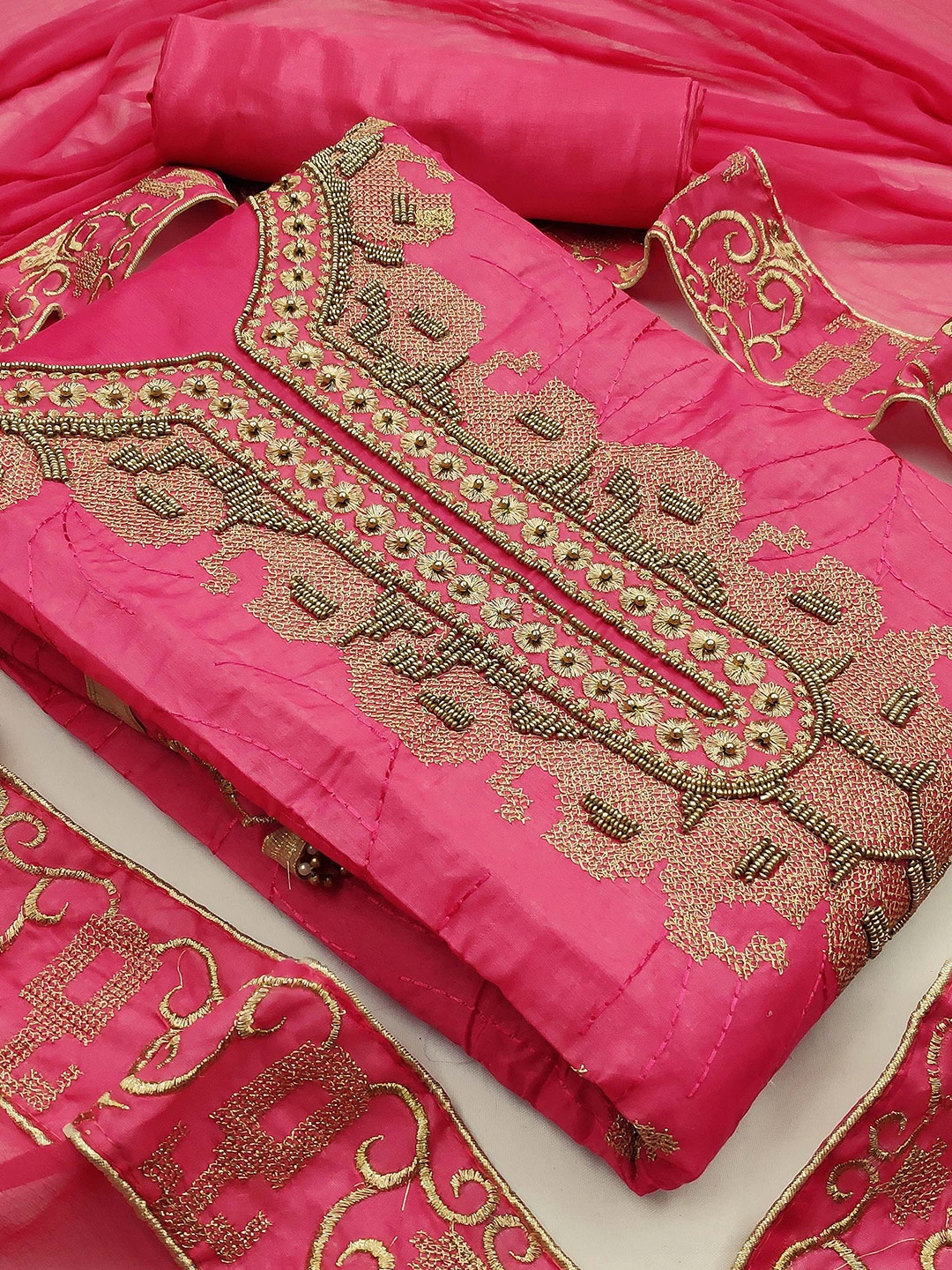 

MANVAA Embellished Unstitched Dress Material, Pink