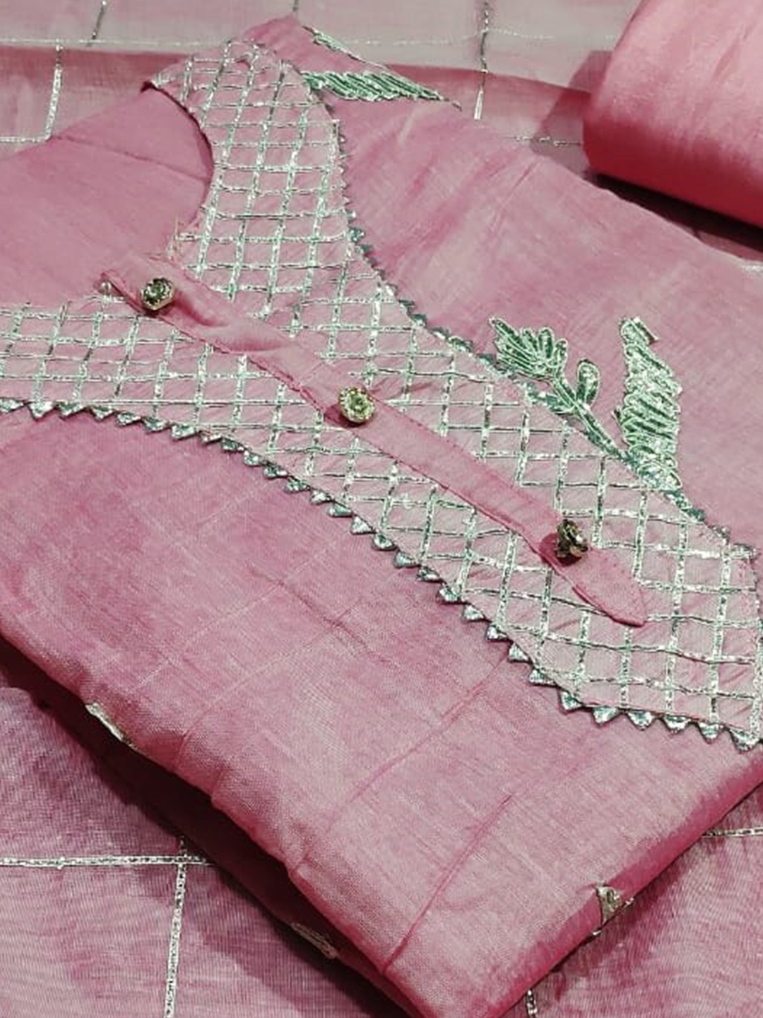 

MANVAA Embellished Gotta Patti Unstitched Dress Material, Pink