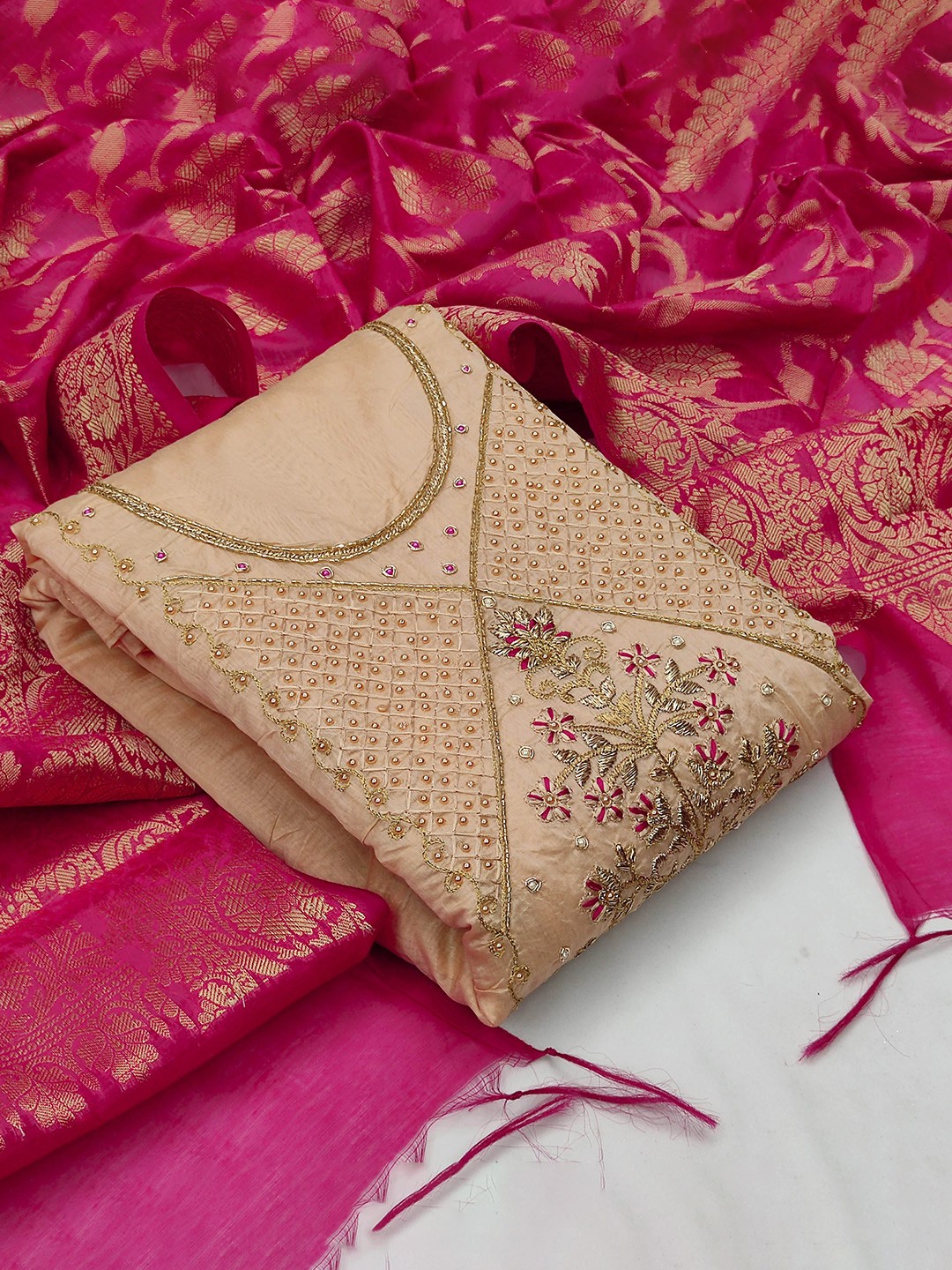 

MANVAA Floral Embroidered Unstitched Dress Material, Beige