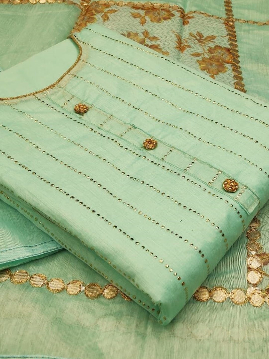 

MANVAA Embellished Unstitched Dress Material, Sea green