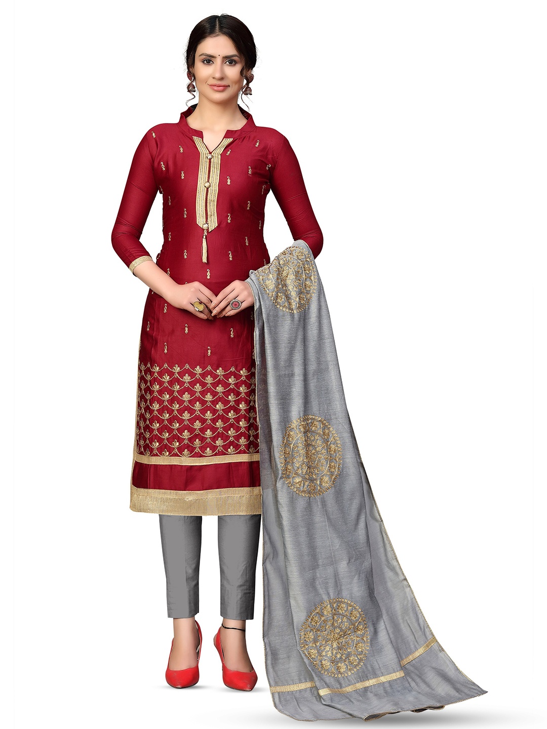 

MANVAA Ethnic Motifs Woven Design Unstitched Dress Material, Maroon