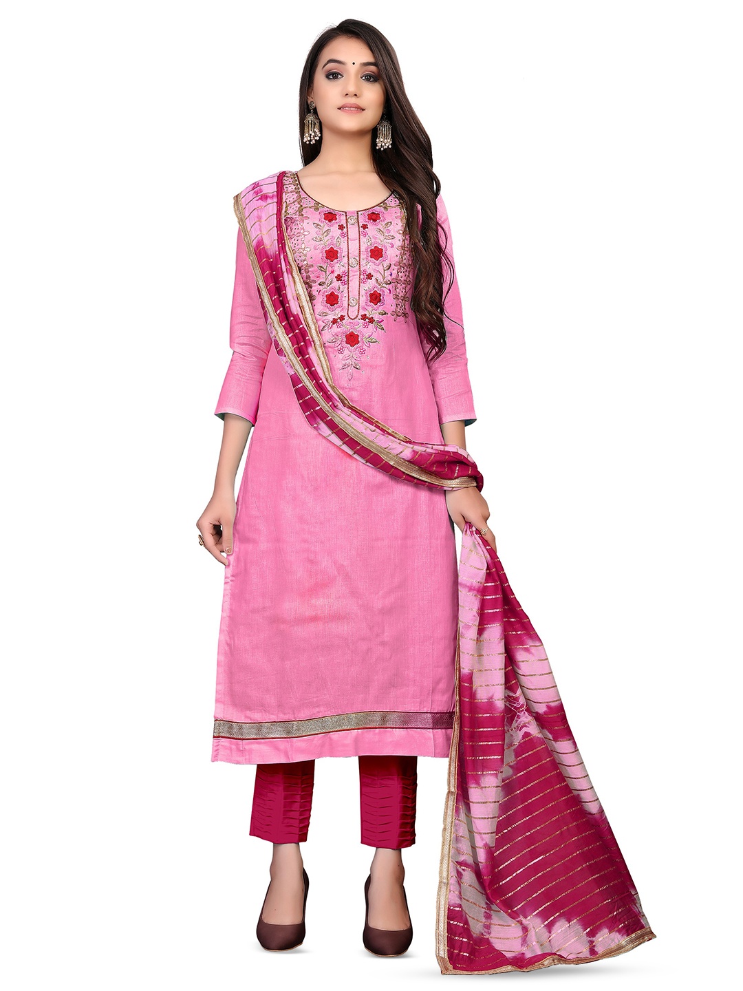 

MANVAA Floral Embellished Beads & Stones Unstitched Dress Material, Pink