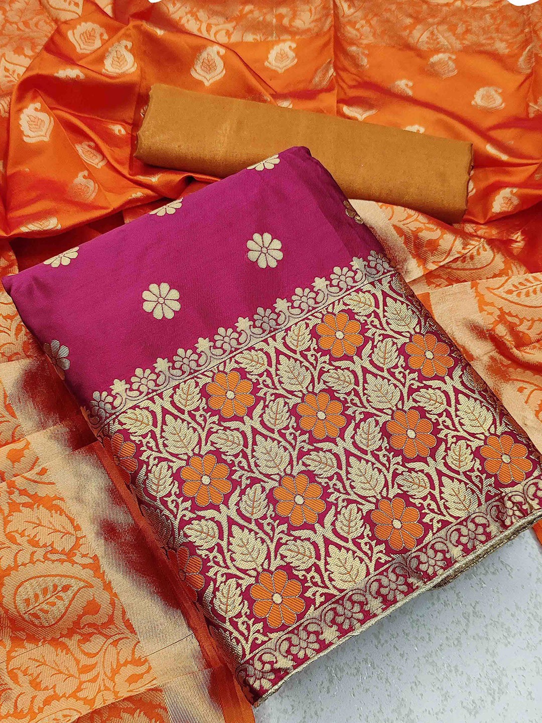 

MANVAA Ethnic Motifs Woven Design Banarasi Jacquard Unstitched Dress Material, Pink