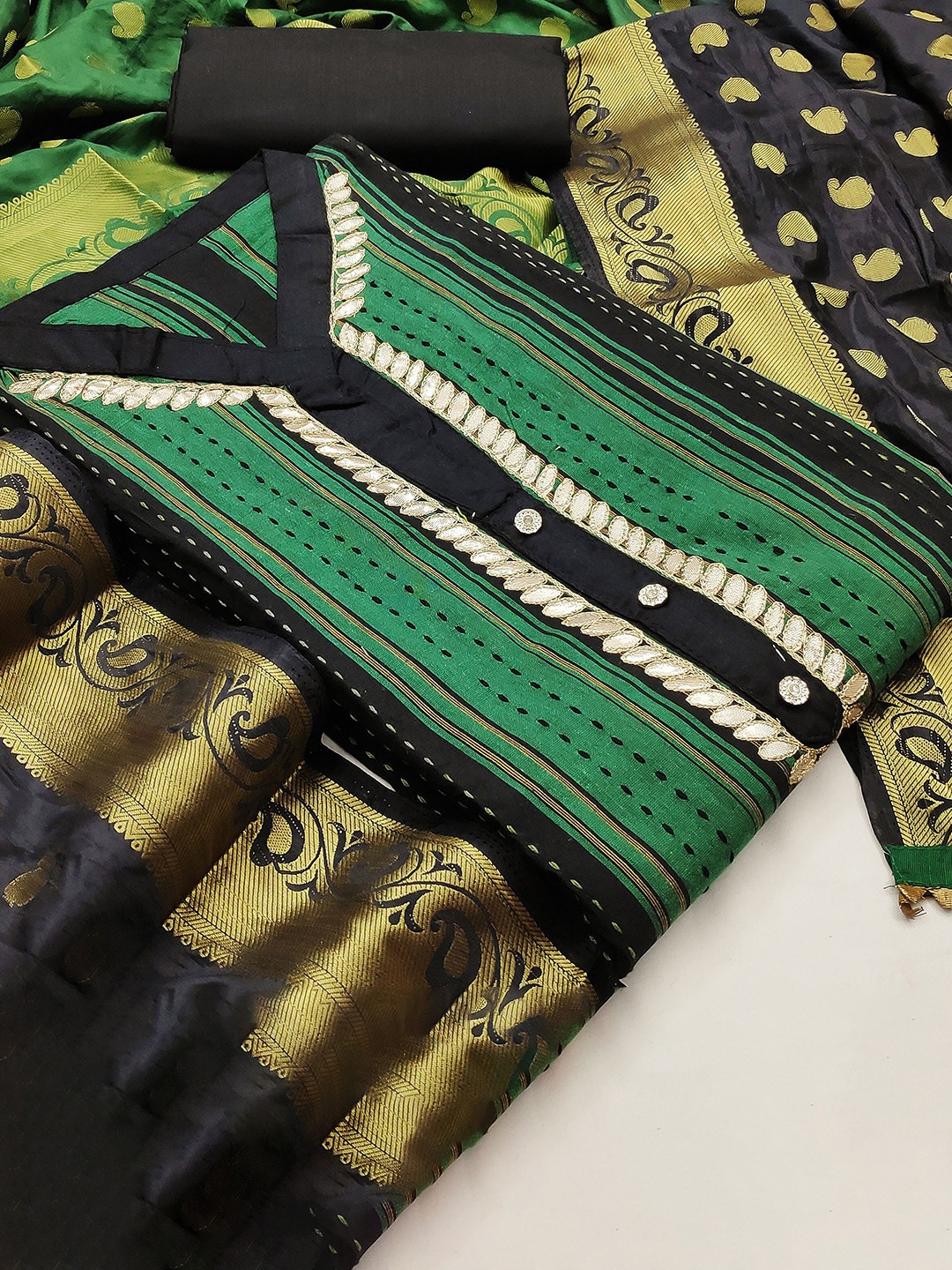

MANVAA Striped Printed Gotta Patti Pure Cotton Unstitched Dress Material, Green