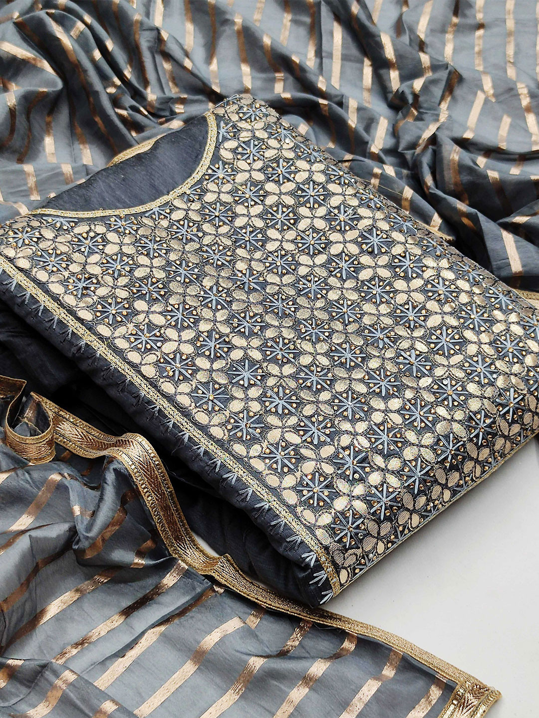 

MANVAA Floral Embellished Modal Chanderi Unstitched Dress Material, Grey