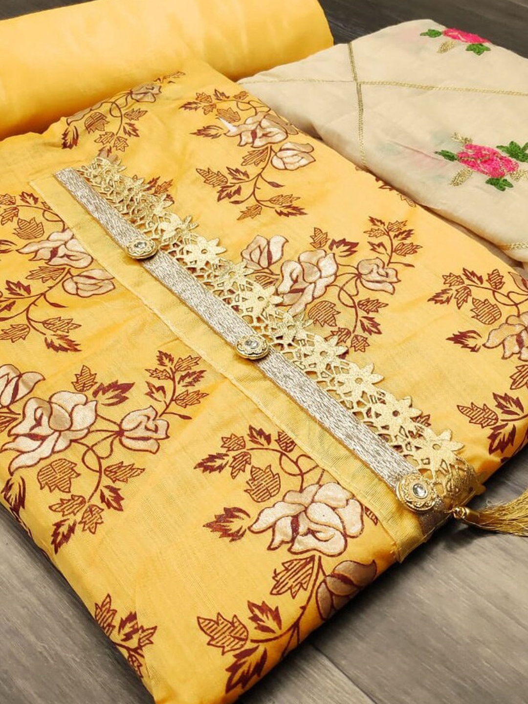 

MANVAA Floral Printed Unstitched Dress Material, Yellow