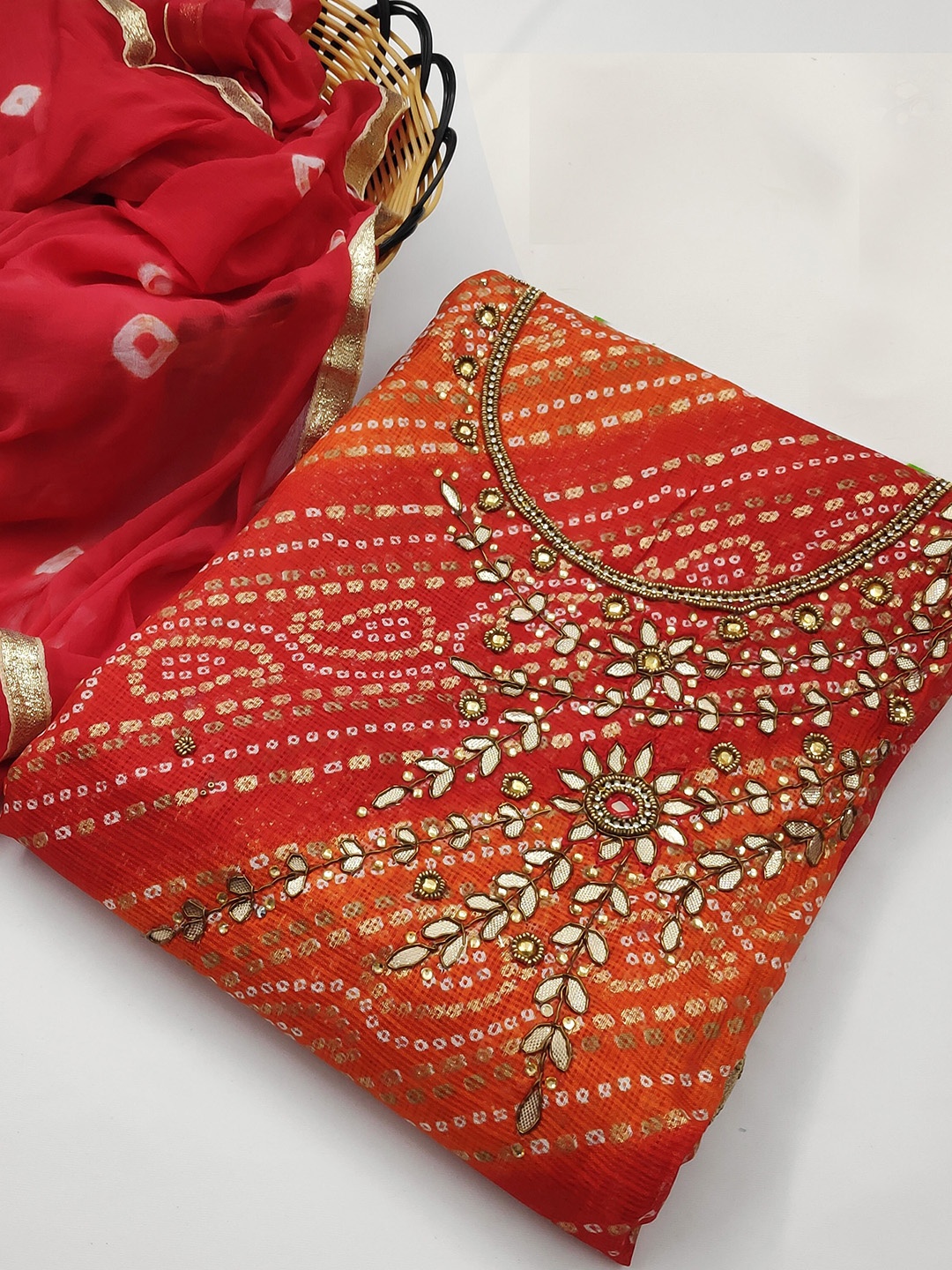 

MANVAA Bandhani Printed Gotta Patti Unstitched Dress Material, Red