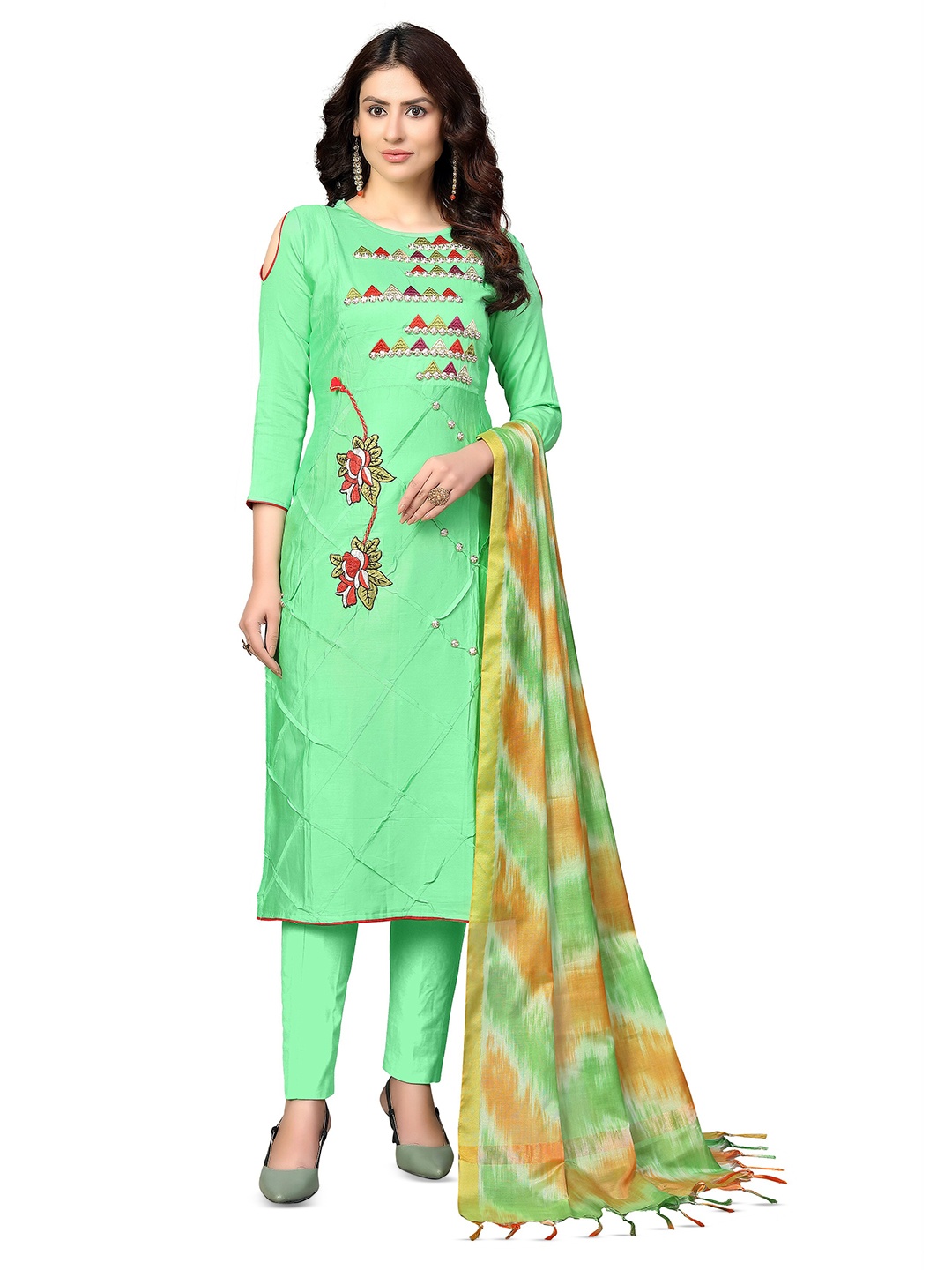 

MANVAA Floral Embroidered Thread Work Glaze Cotton Unstitched Dress Material, Green