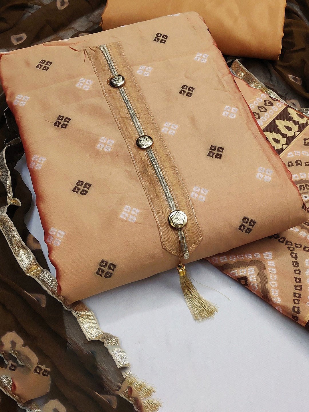 

MANVAA Ethnic Motifs Woven Designed Banarasi Jacquard Unstitched Dress Material, Peach