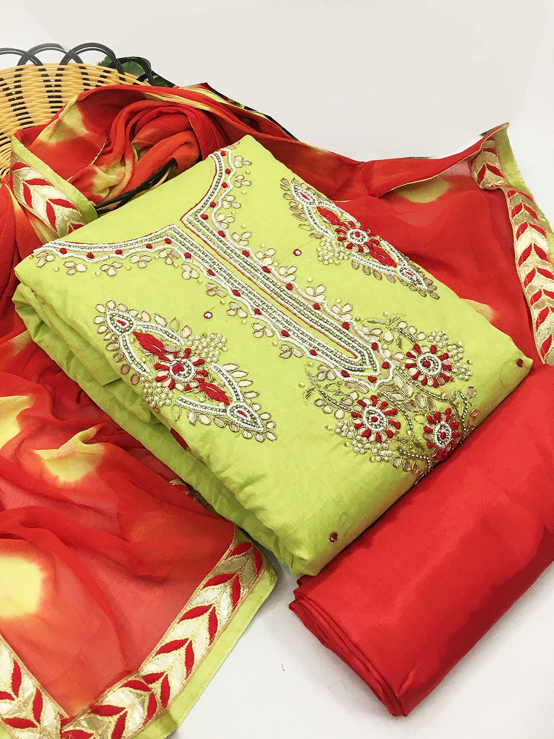 

MANVAA Embellished Beads and Stones Unstitched Dress Material, Green