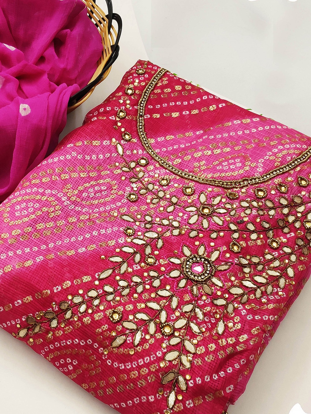

MANVAA Bandhani Printed Beads and Stones Unstitched Dress Material, Pink