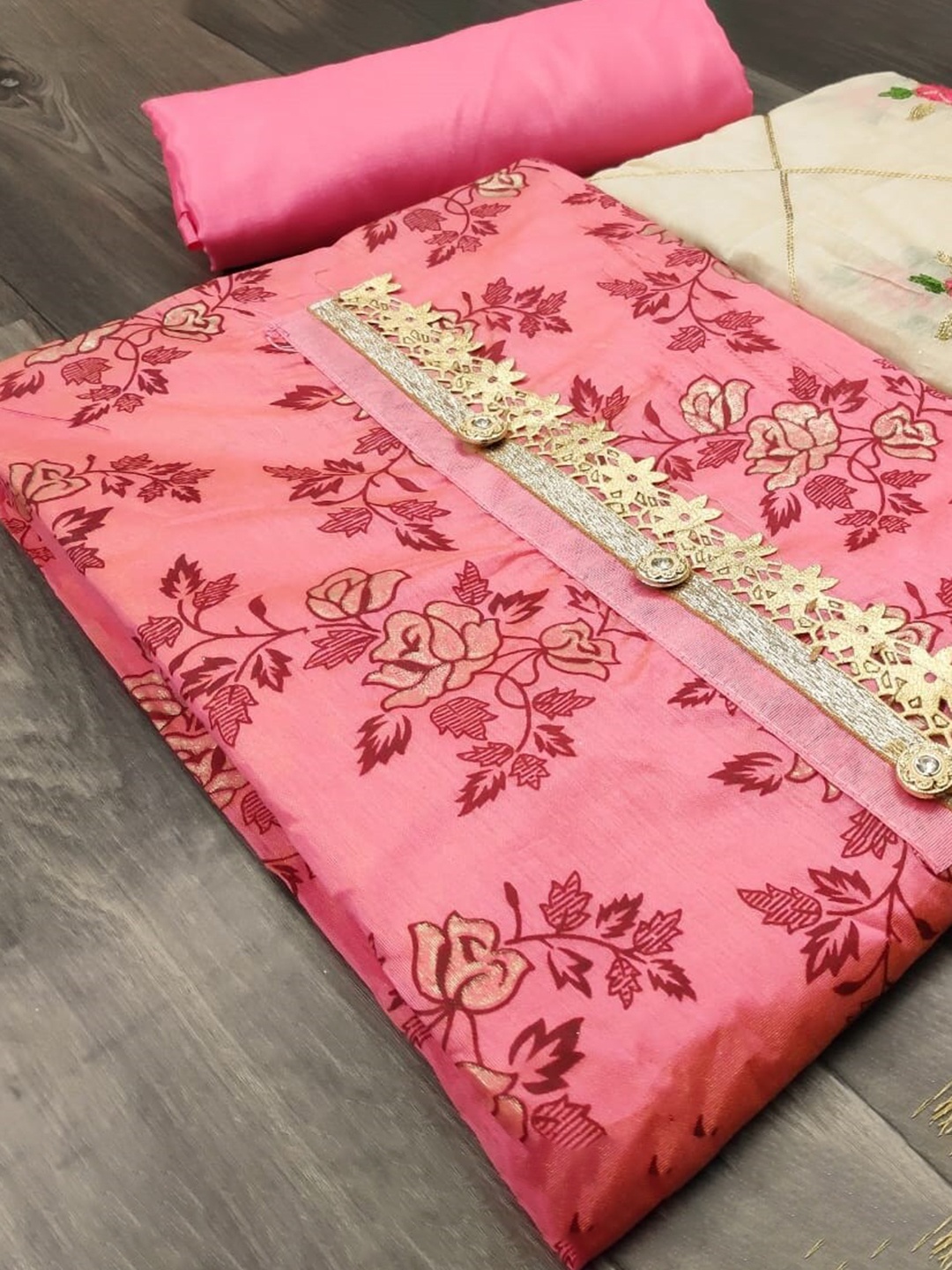 

MANVAA Floral Printed Unstitched Dress Material, Pink