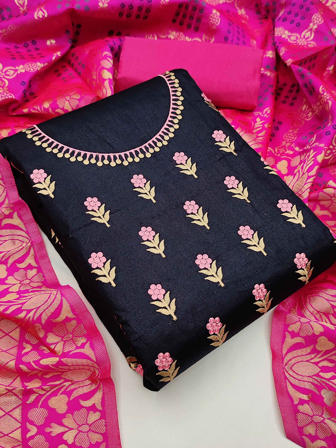 

MANVAA Floral Embroidered Unstitched Dress Material, Black