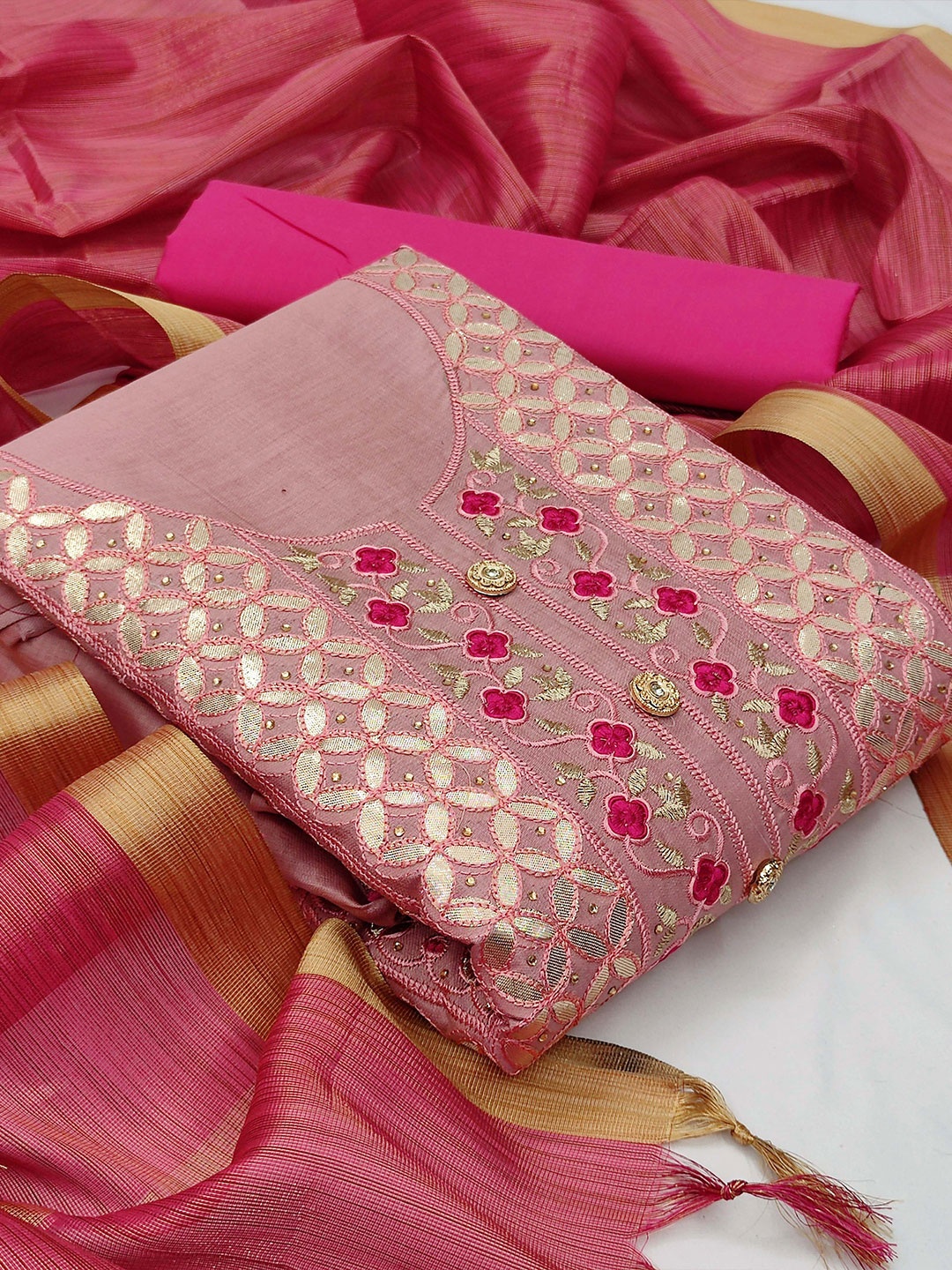 

MANVAA Floral Embroidered Beads & Stones Unstitched Dress Material, Pink