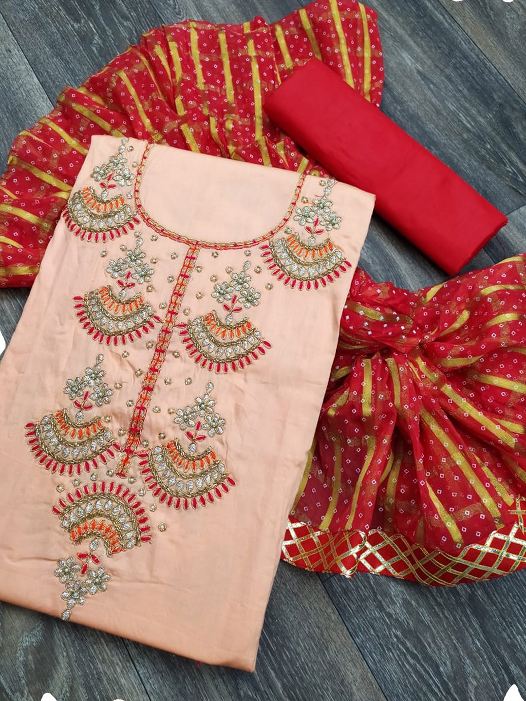

MANVAA Ethnic Motifs Embroidered Beads & Stones Unstitched Dress Material, Pink