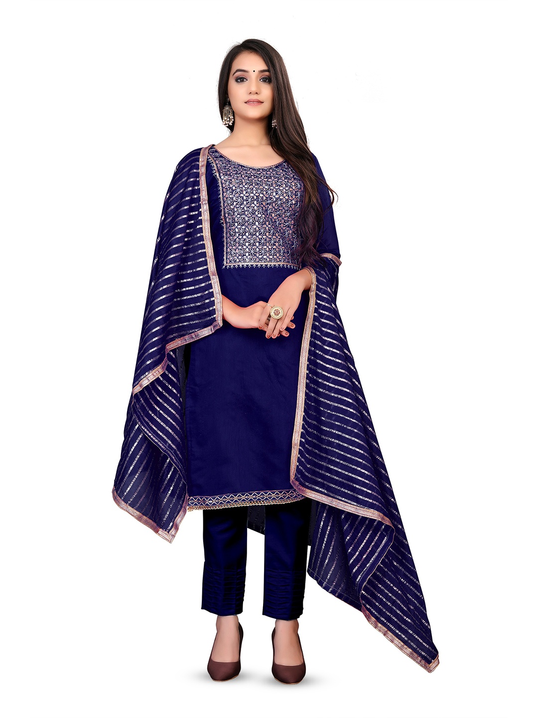 

MANVAA Ethnic Motifs Embroidered Mirror Work Unstitched Dress Material, Blue