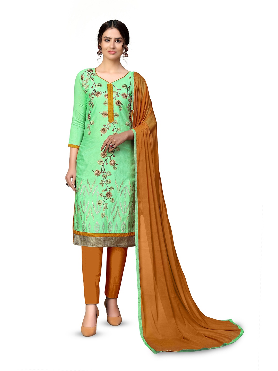 

MANVAA Floral Embroidered Unstitched Dress Material, Green