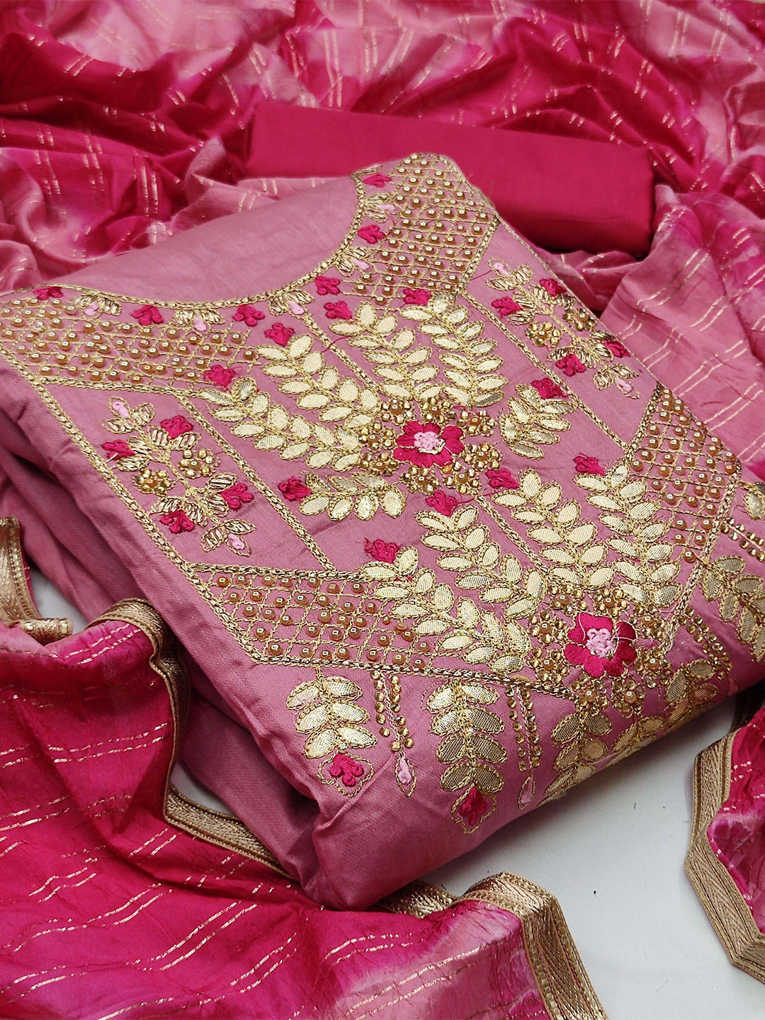 

MANVAA Floral Embellished Gotta Patti Unstitched Dress Material, Pink