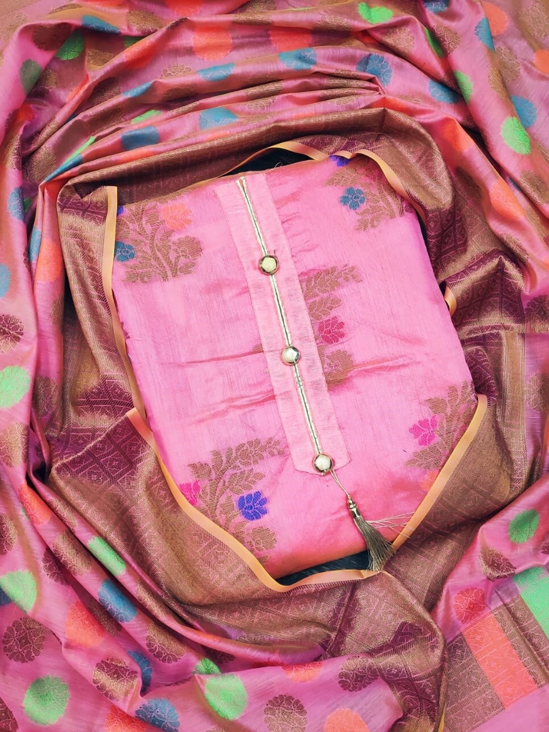 

MANVAA Floral Woven Design Unstitched Banarasi Jacquard Dress Material, Pink