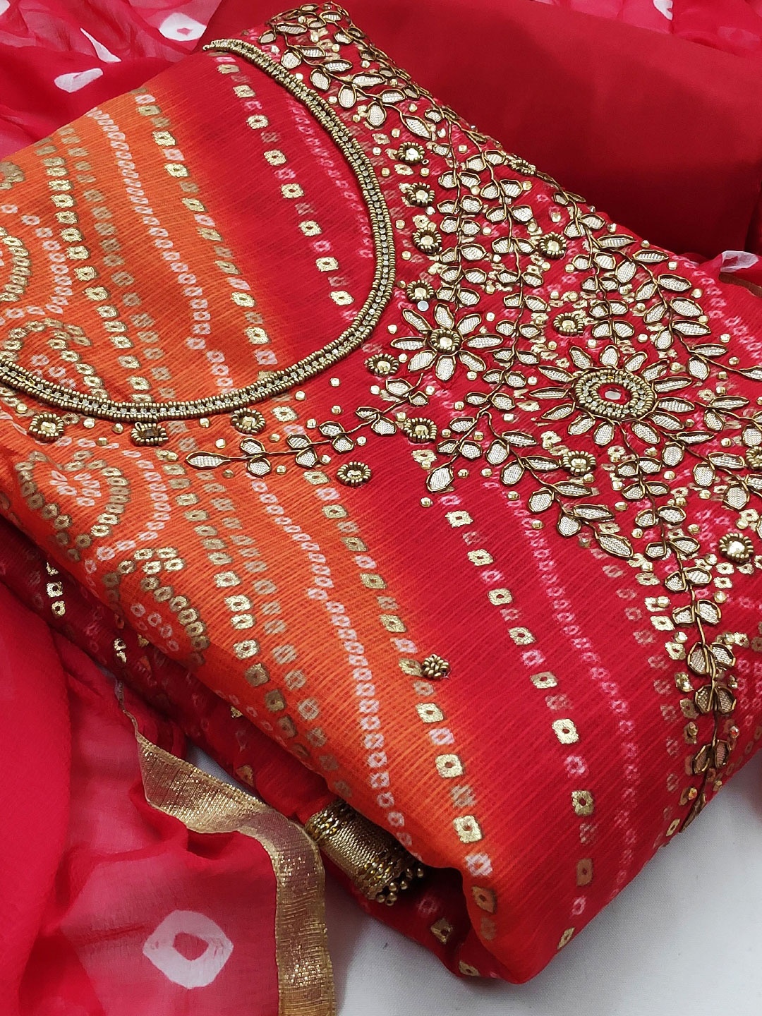 

MANVAA Bandhani Printed Beads and Stones Unstitched Dress Material, Red