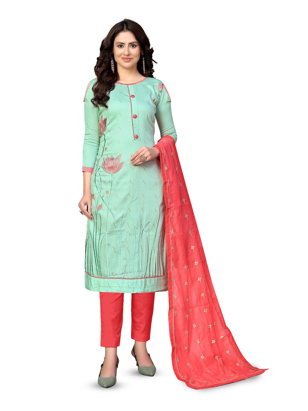 

MANVAA Floral Embroidered Unstitched Dress Material, Sea green