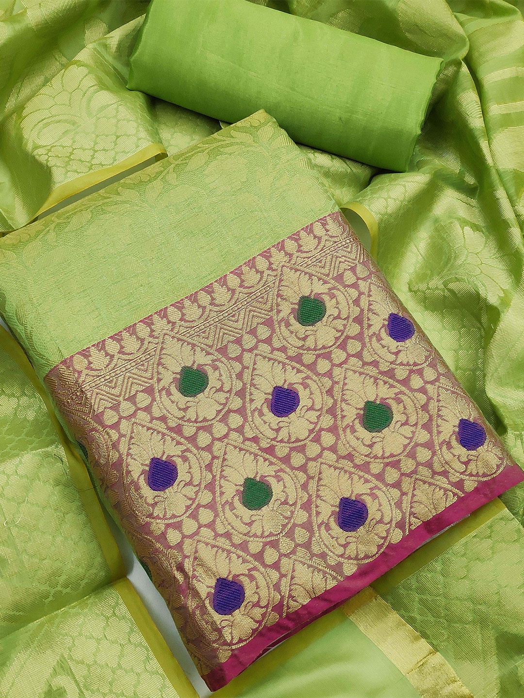 

MANVAA Ethnic Motifs Woven Design Zari Unstitched Dress Material, Green