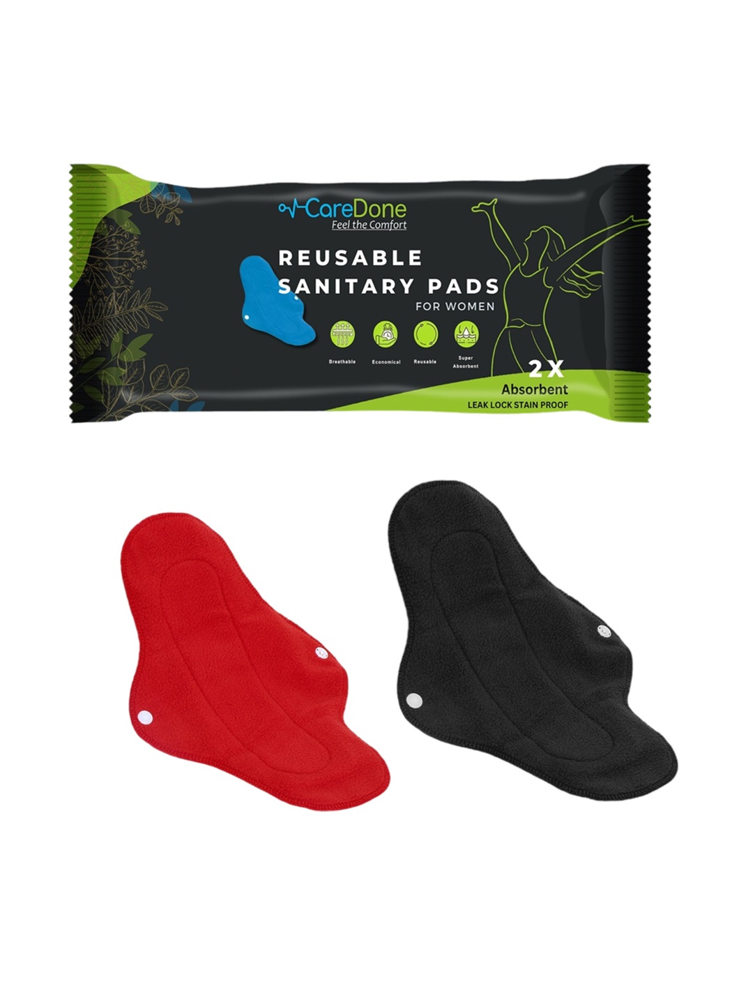 

CareDone Set Of 2 Reusable Very Absorbent Cloth Sanitary Pads, Red