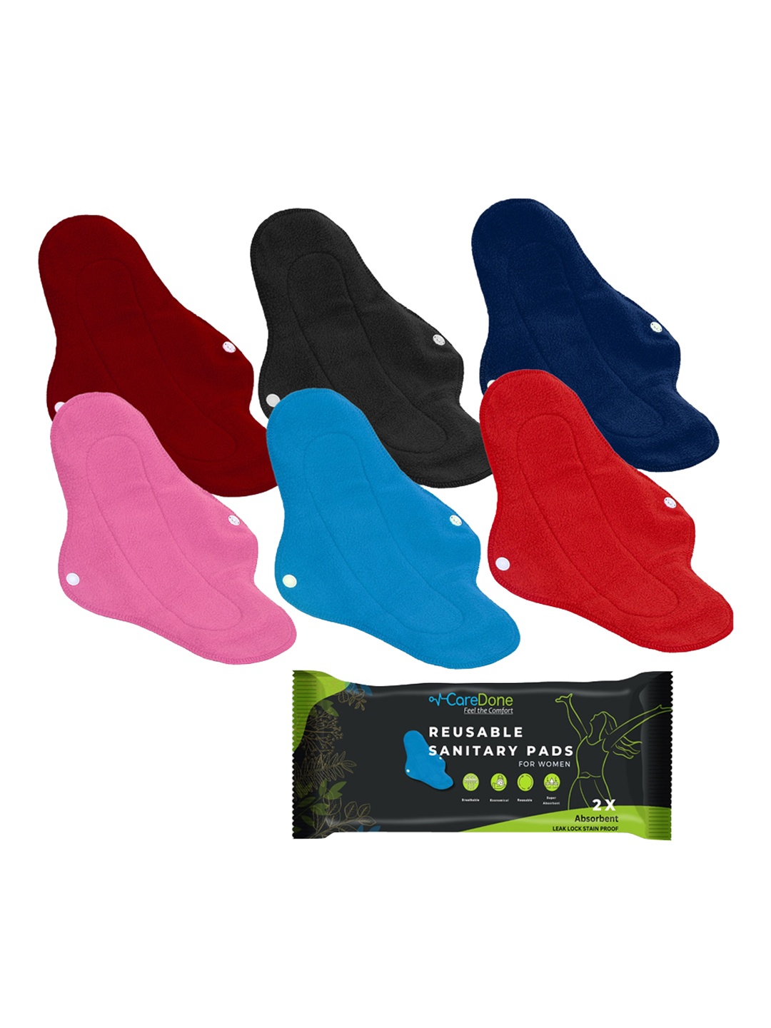 

CareDone Set Of 6 Reusable Very Absorbent Cloth Sanitary Pads, Black
