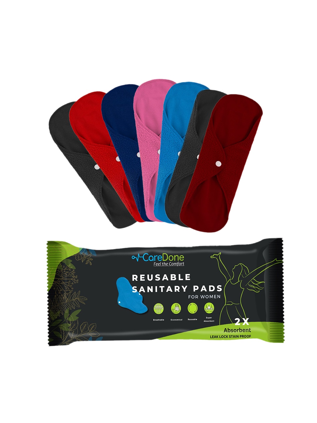 

CareDone Set Of 7 Reusable Very Absorbent Cloth Sanitary Pads, Black