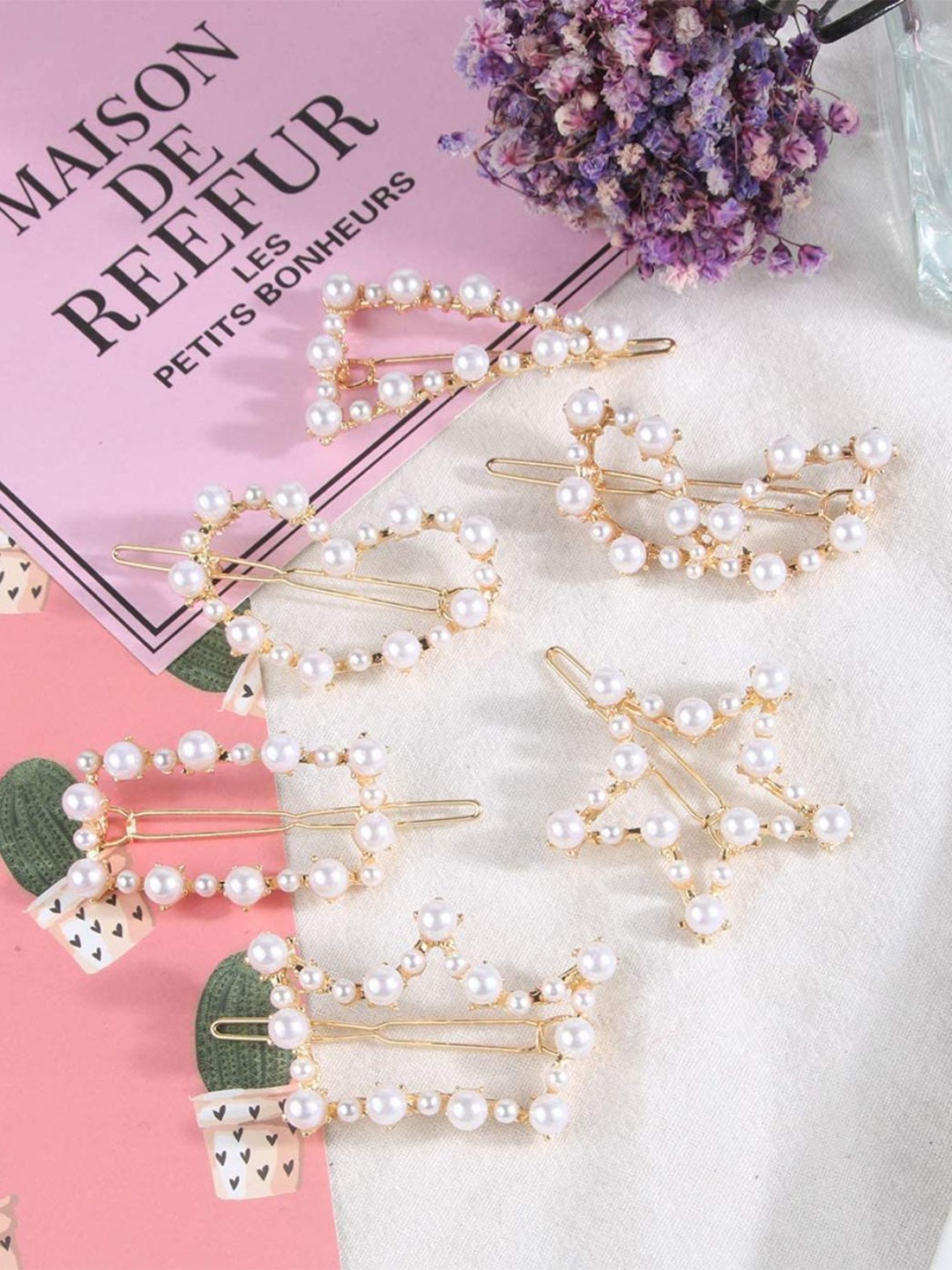 

DN Creation Set Of 6 Pearl Beaded Claw Clips, Gold