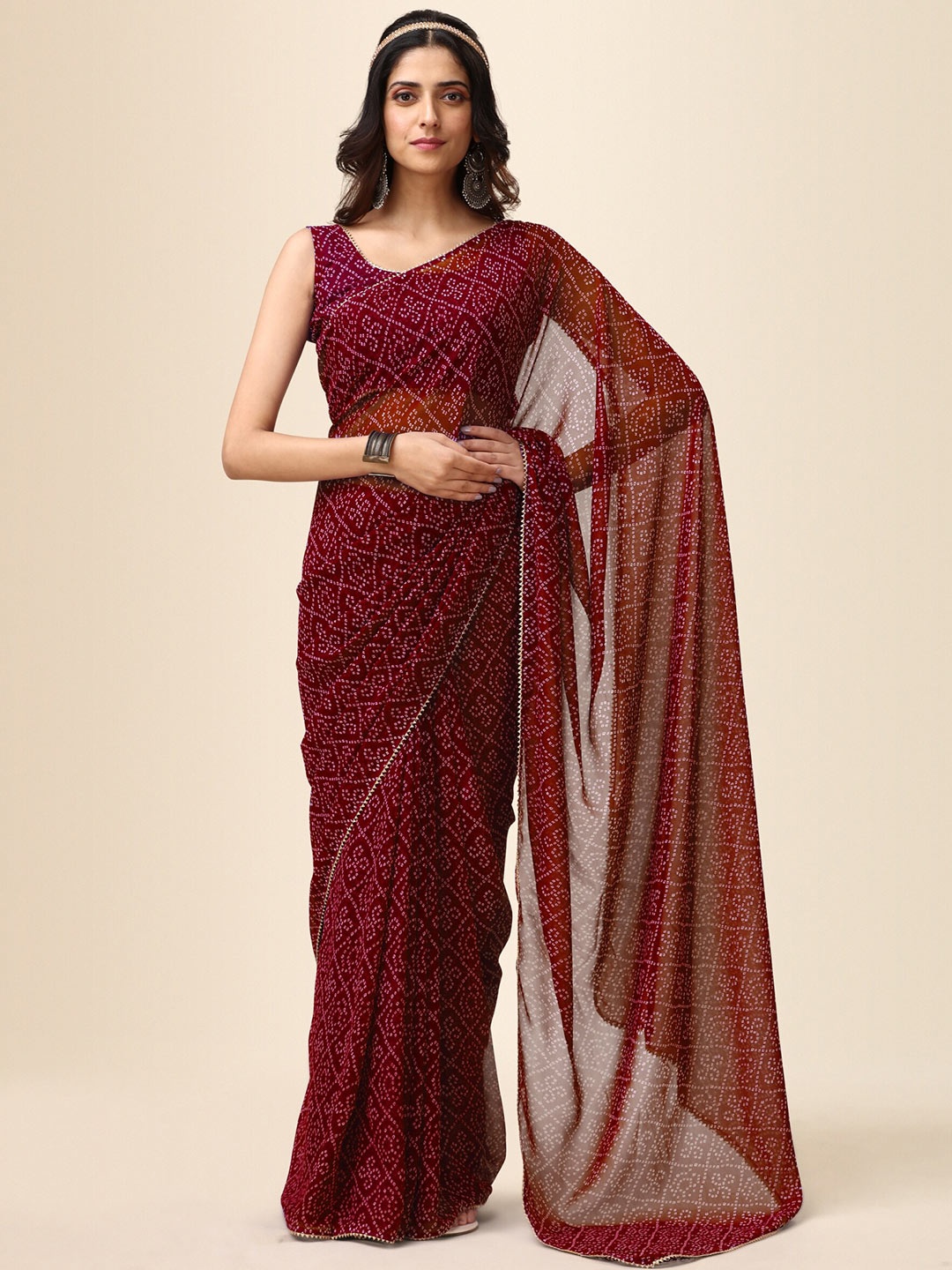 

KALINI Bandhani Gotta Patti Pure Georgette Bandhani Saree, Maroon