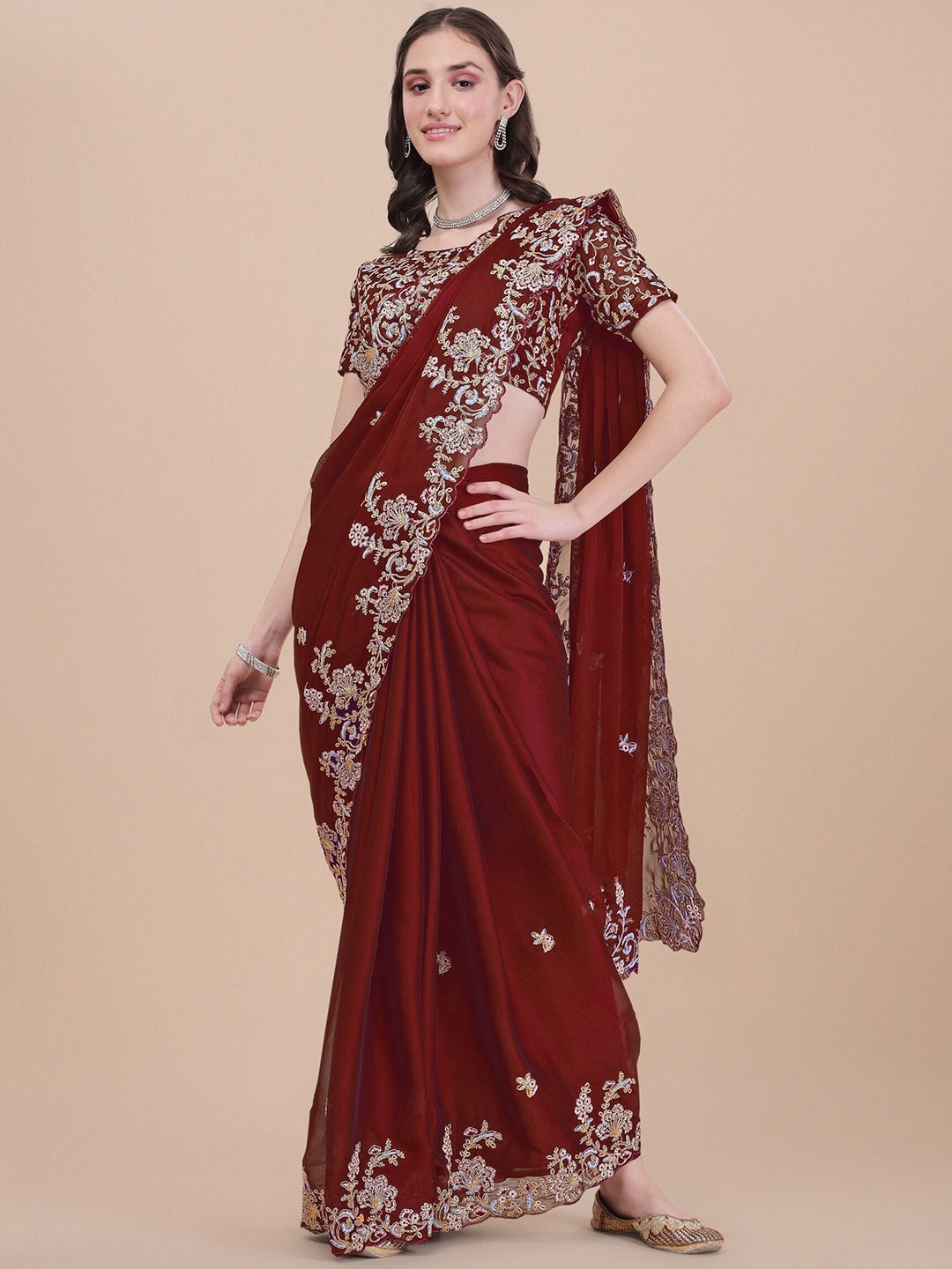 

KALINI Maroon and GodToned Floral Embroidered Silk Blend Fusion Saree