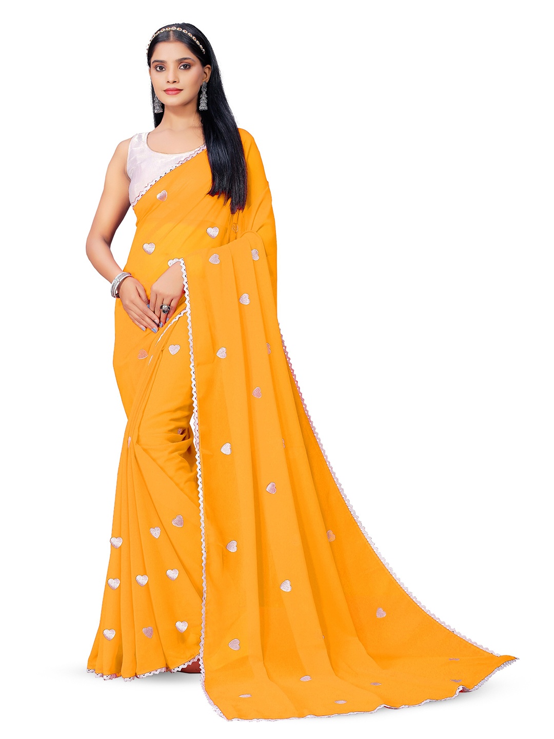

KALINI Yellow and White Floral Embroidered Pure Georgette Fusion Saree