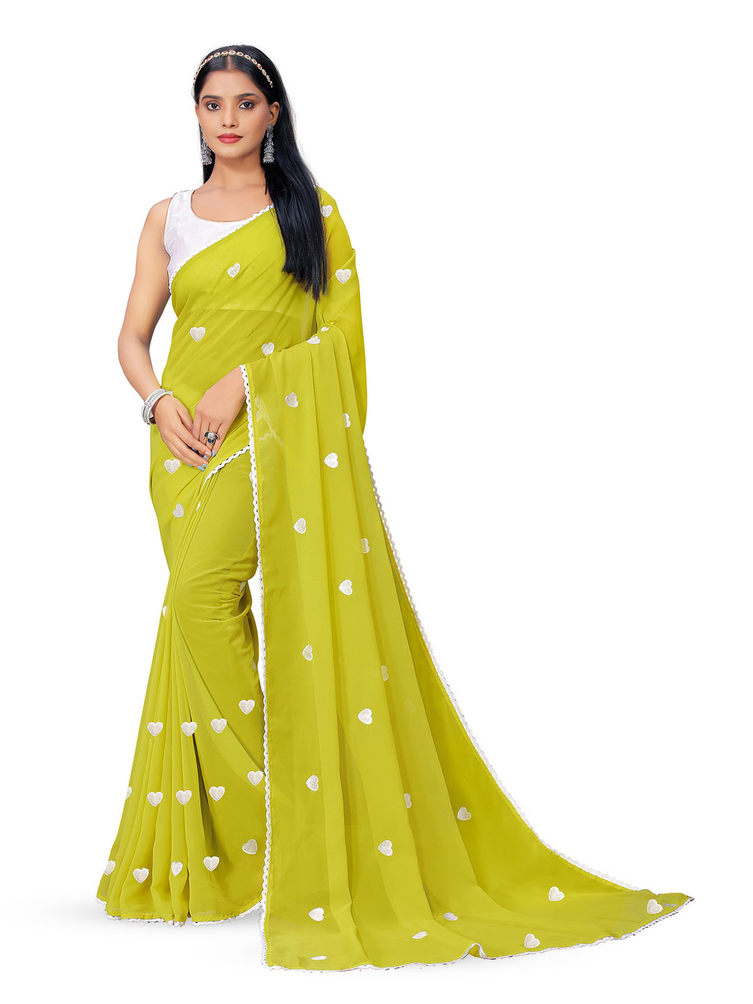 

KALINI Lime Green and White Floral Embroidered Pure Georgette Fusion Saree