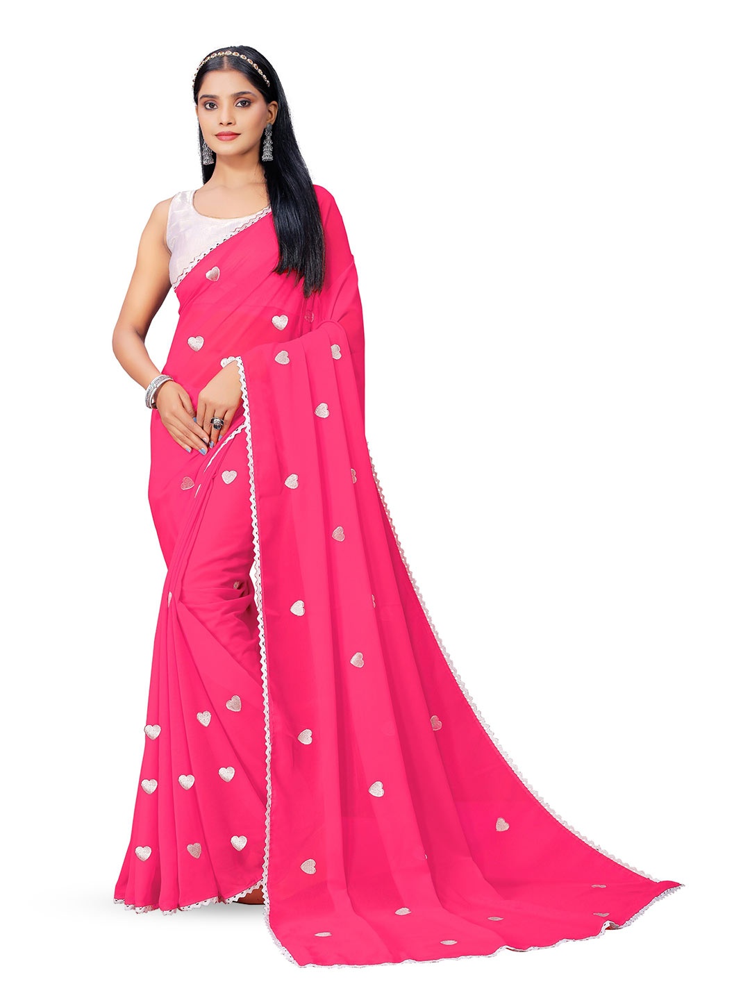 

KALINI Pink and White Floral Embroidered Pure Georgette Fusion Saree
