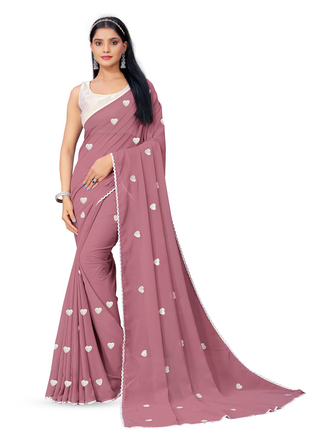 

KALINI Beige Floral Embroidered Pure Georgette Fusion Saree