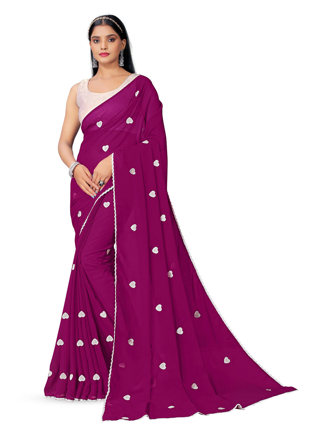 

KALINI Purple and Beige Floral Embroidered Pure Georgette Fusion Saree