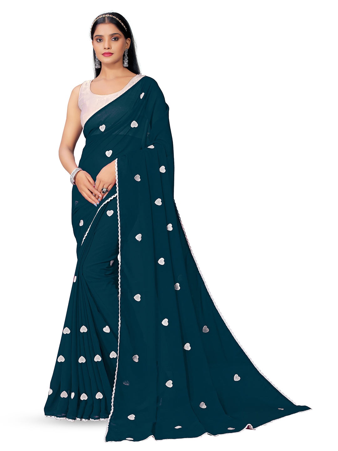 

KALINI Geometric Pure Georgette Saree, Teal