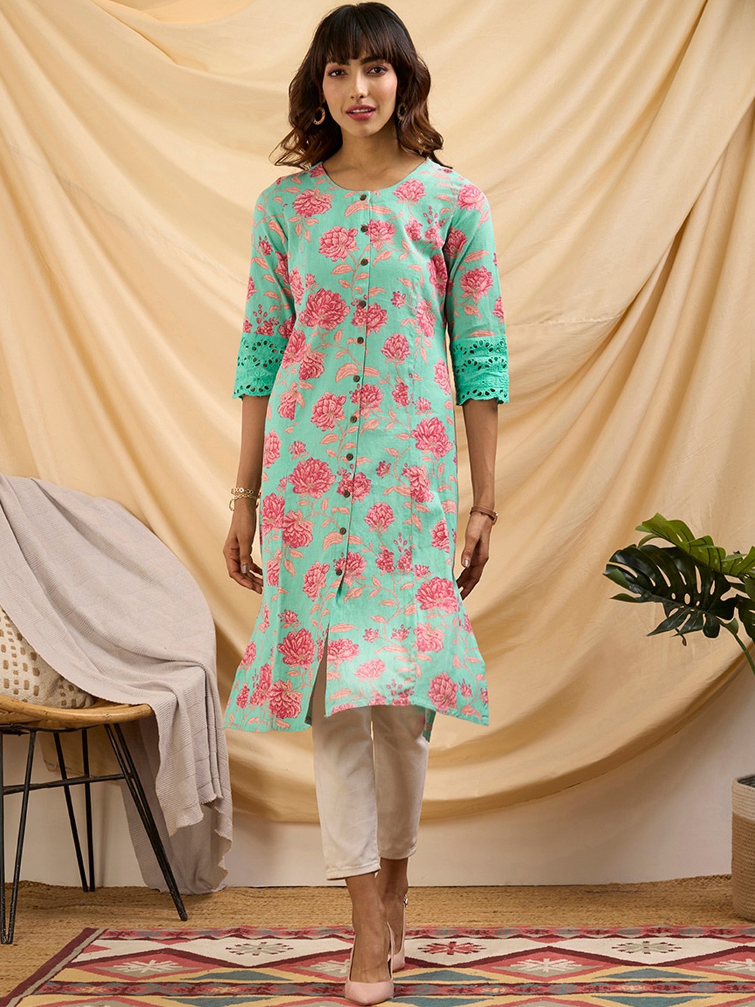 

ZOLA Floral Printed Straight Kurta, Turquoise blue
