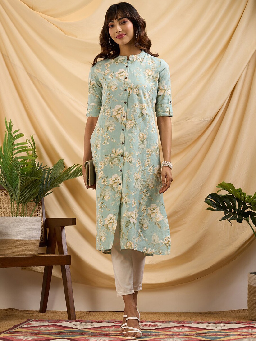 

ZOLA Floral Printed Cotton Kurta, Grey