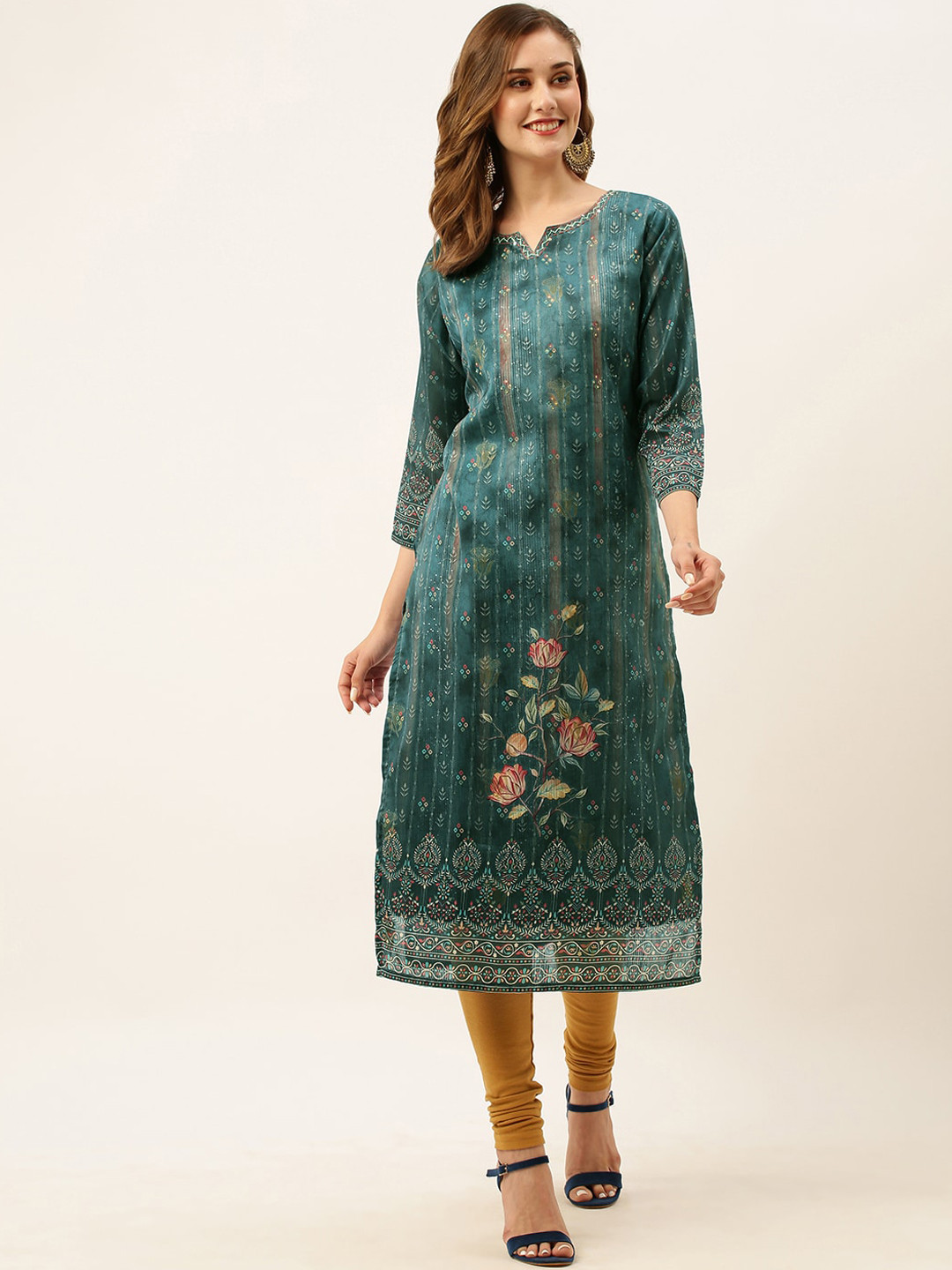 

ZOLA Blue Floral Printed Round Neck Beads and Stones Cotton Straight Kurta