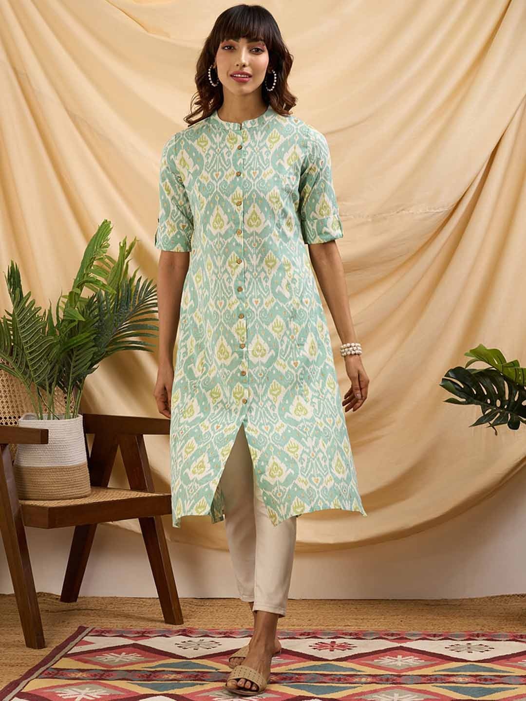 

ZOLA Ethnic Motifs Printed Pure Cotton Straight Kurta, Green