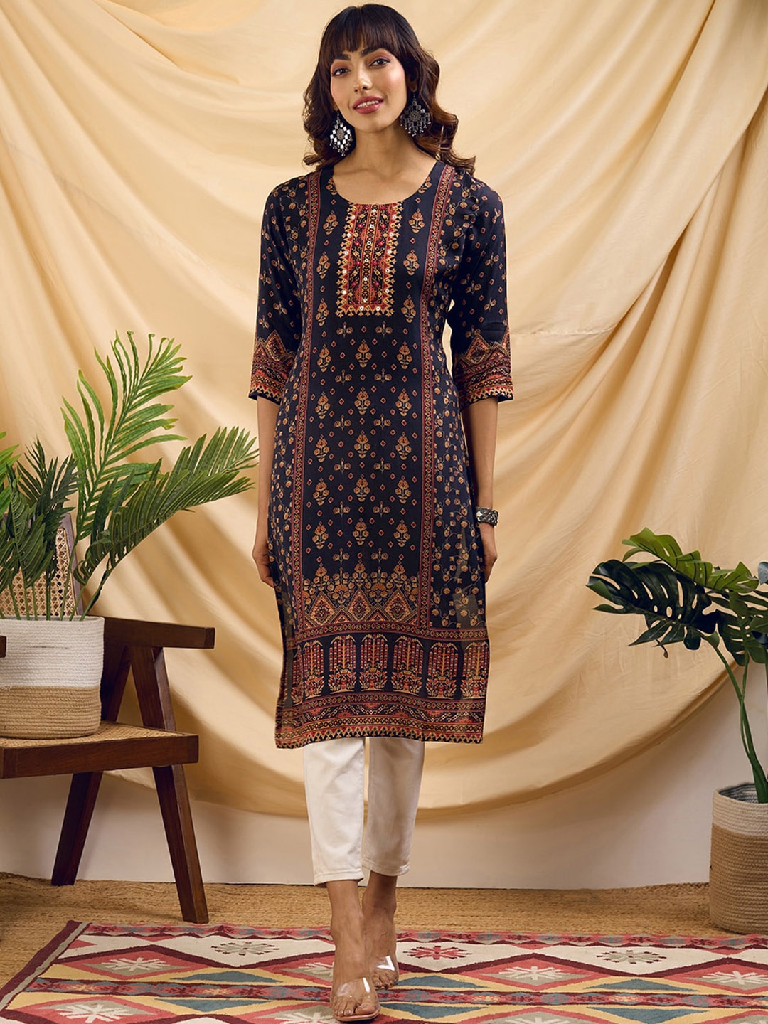 

ZOLA Floral Printed Straight Kurta, Navy blue