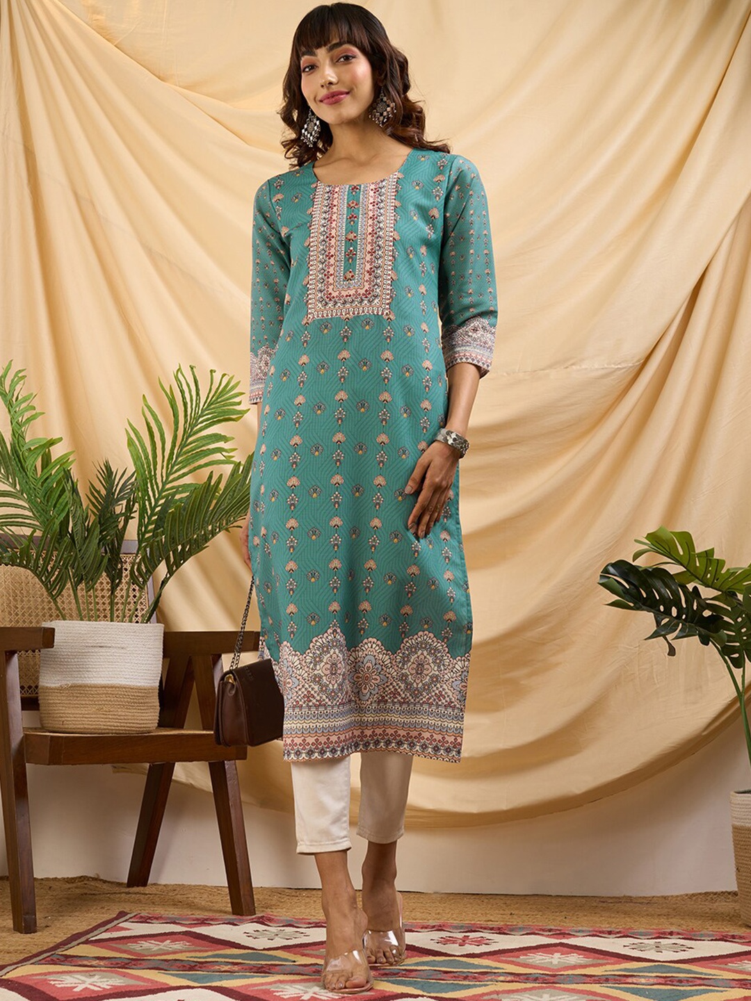 

ZOLA Ethnic Motifs Printed Comfort Fit Straight Kurta, Teal
