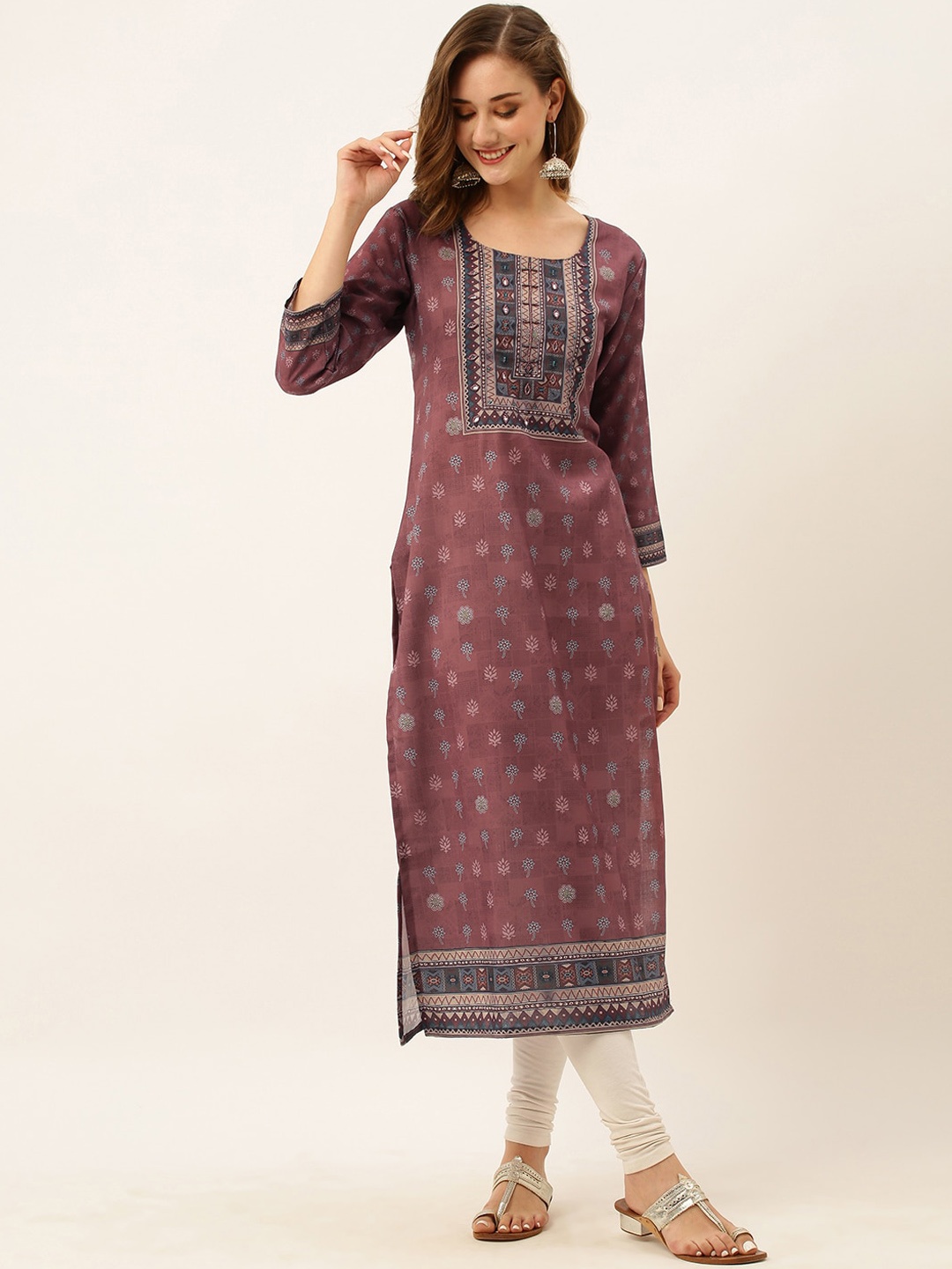 

ZOLA Ethnic Motifs Printed Beads and Stones Straight Cotton Kurta, Maroon