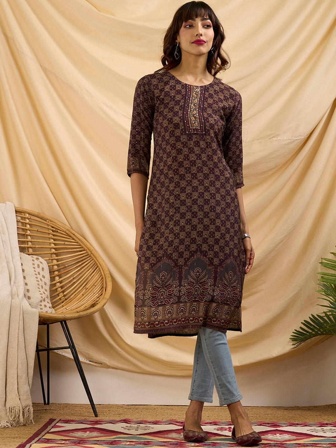 

ZOLA Ethnic Motifs Printed Round Neck Straight Cotton Kurta, Burgundy